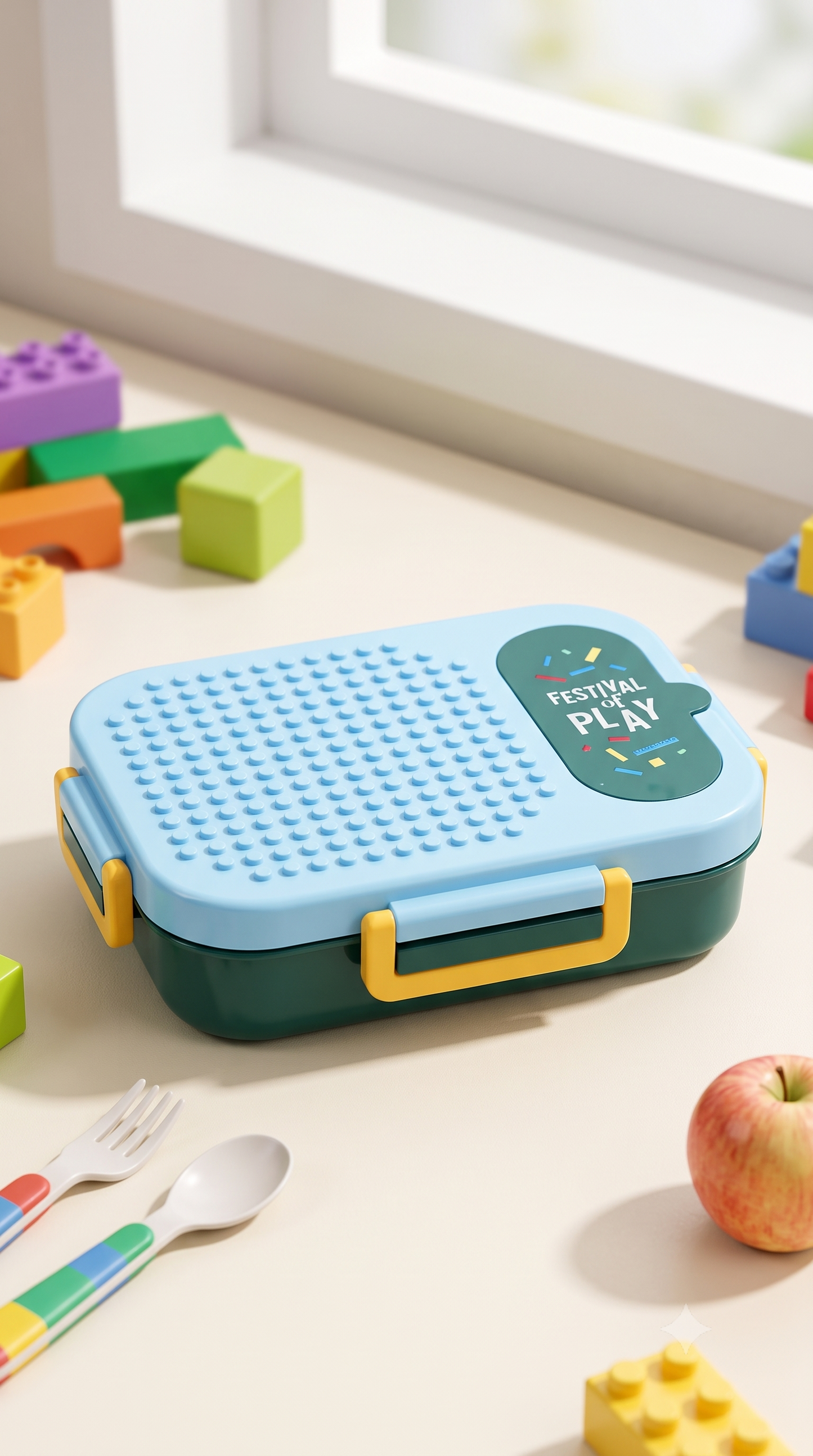 A children's lunch box with a light blue textured lid, dark green base, and yellow handles, shown on a tabletop with toys, utensils, and an apple nearby. The lid has a round sticker that reads 'FESTIVELY PLAY'.