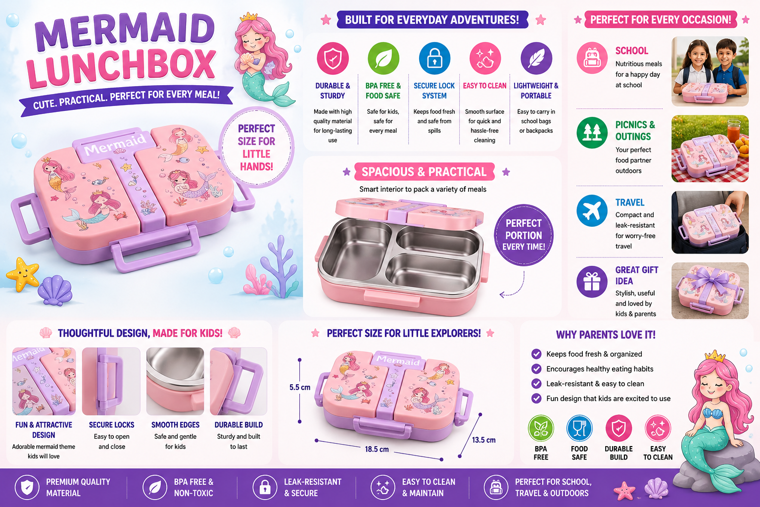 A promotional infographic for a pink mermaid-themed lunchbox set, showing the lunchbox in multiple views, a stainless steel inner bowl, and several feature callouts with icons and text on a white background.