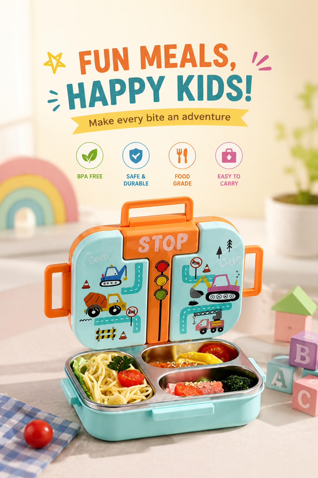 A children's lunch box with a light blue exterior, orange handles, and cartoon construction vehicles on the lid, shown open with food compartments filled with pasta, broccoli, tomatoes, and yellow food. The scene is brightly lit with promotional text at the top and playful background props including a rainbow, blocks, and a plant.