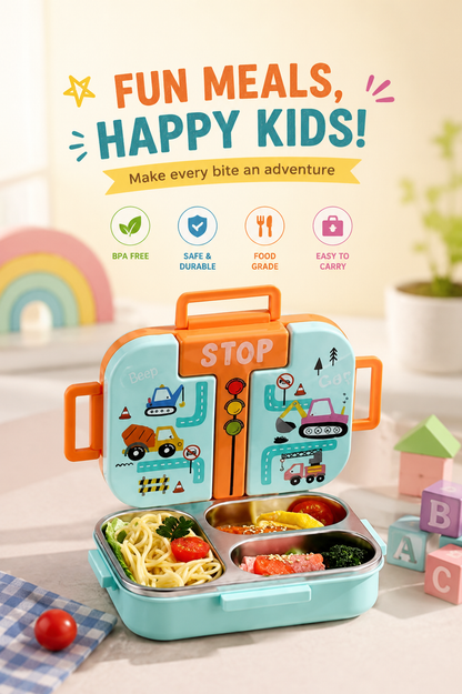A children's lunch box with a light blue exterior, orange handles, and cartoon construction vehicles on the lid, shown open with food compartments filled with pasta, broccoli, tomatoes, and yellow food. The scene is brightly lit with promotional text at the top and playful background props including a rainbow, blocks, and a plant.