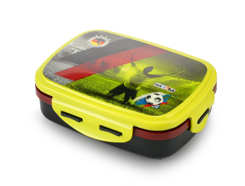 A square lunch box with a bright yellow lid featuring a soccer-themed graphic, a black base, and red accents, shown on a white background.