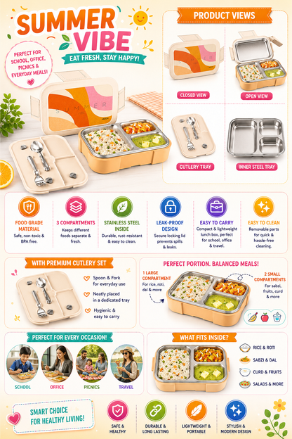An infographic-style product presentation for a stainless steel lunch box set under the brand name 'Summer Vibe'. The image features multiple colored panels with illustrations and photos of people, detailing the product's features, compartments, and included cutlery set.