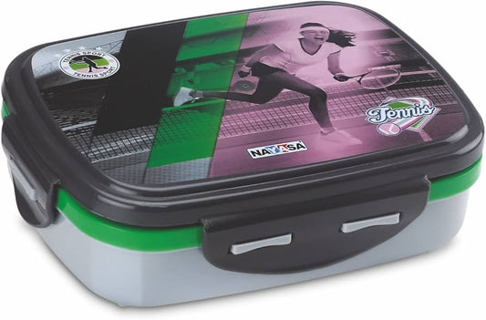 A rectangular bento lunch box with a printed tennis-themed lid featuring Naomi Osaka, green accents, and a gray base.