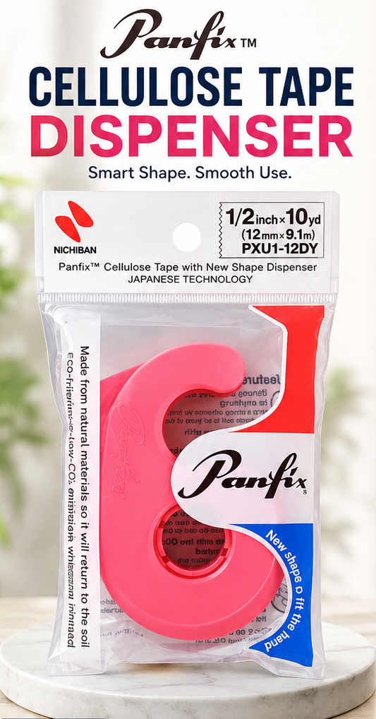 Panfix Cellulose Tape Dispenser in its retail packaging, featuring a pink 6-shaped dispenser with a roll of tape inside. The packaging includes a white header with red and black text and a blue accent, displayed on a marble surface with a blurred green background.