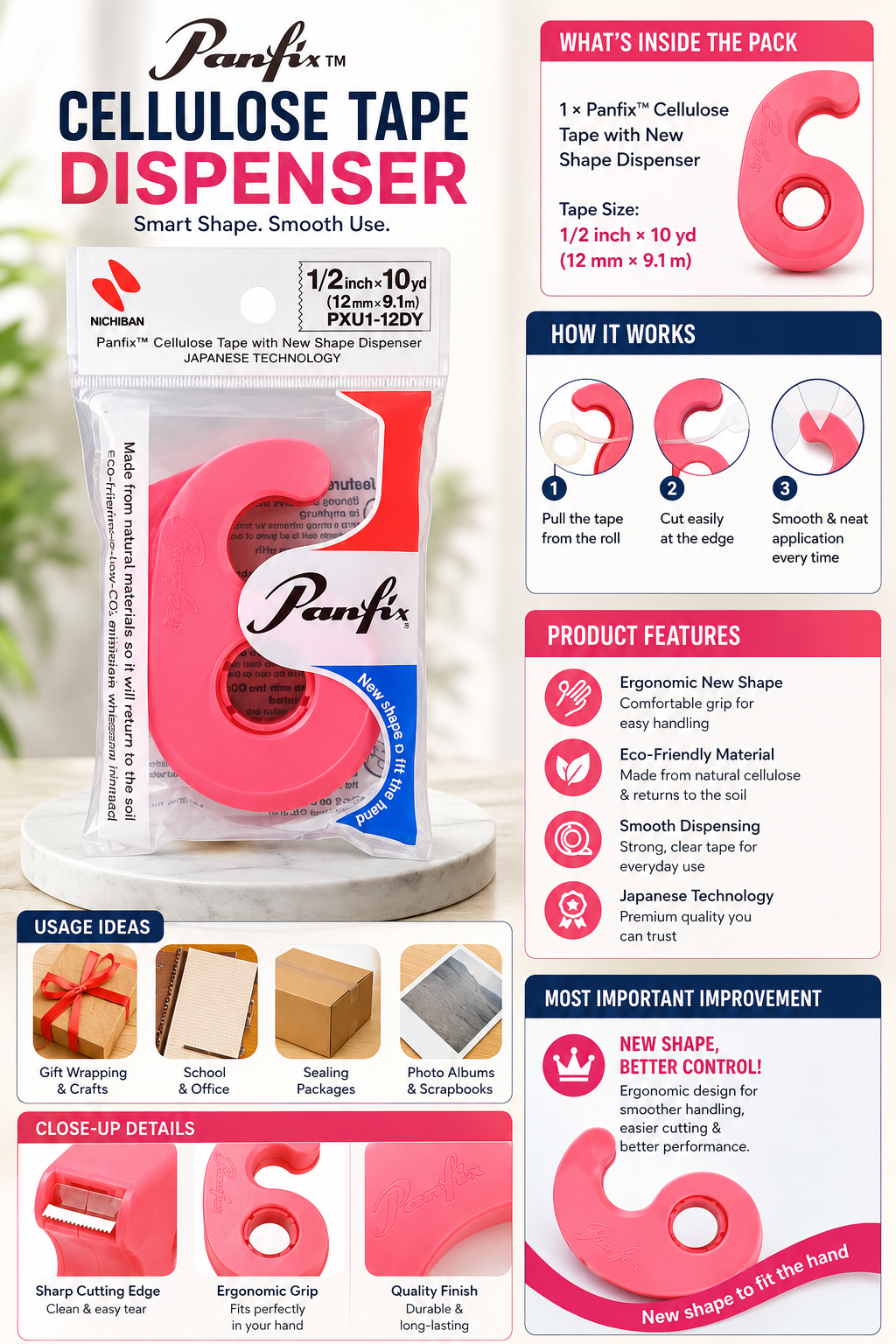 A promotional infographic for the Panfix Cellulose Tape Dispenser, showing the dispenser bottle, a large pink rolled piece of tape, usage steps, product features, and usage ideas on a white background with red and black text panels.