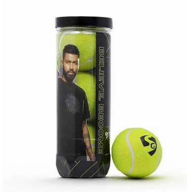 A black and lime green canister of SG brand tennis balls next to a single lime green tennis ball on a white background.