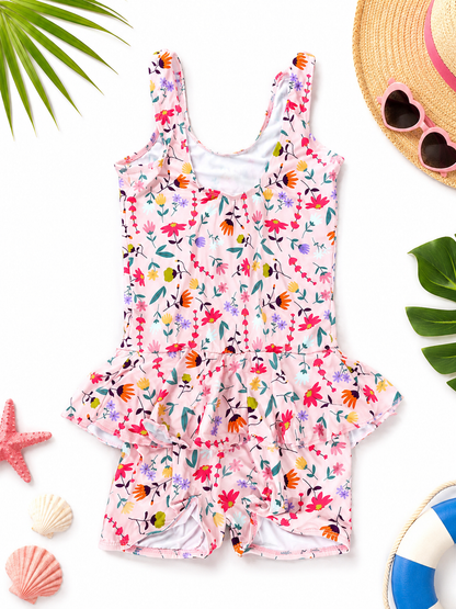 Girls' Printed Swimwear Set | One-Piece Swimsuit with Attached Shorts | 4XL