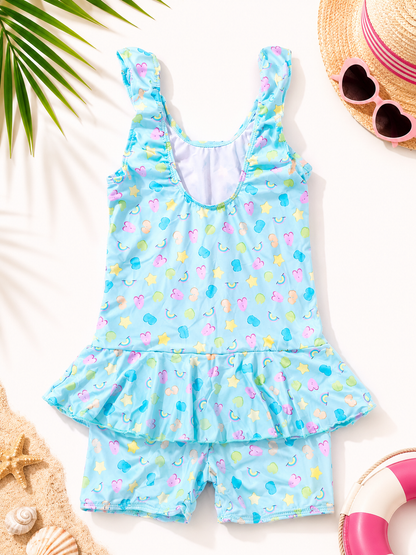 Girls' Printed Swimwear Set | One-Piece Swimsuit with Attached Shorts | 4XL