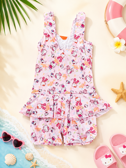 Girls' Printed Swimwear Set | One-Piece Swimsuit with Attached Shorts | 4XL