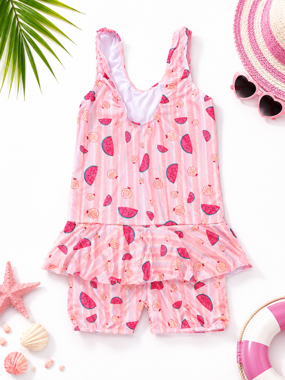 Girls' Printed Swimwear Set | One-Piece Swimsuit with Attached Shorts | 4XL