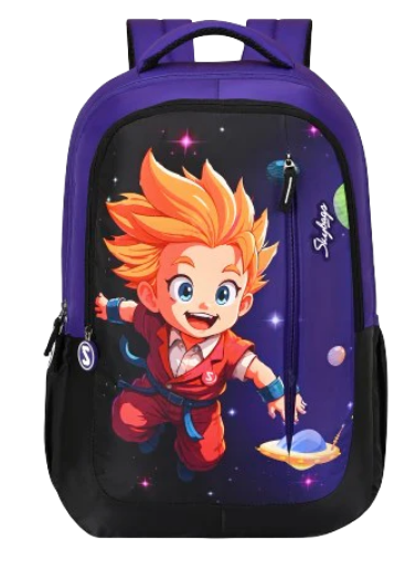 A purple and black school backpack featuring a cartoon illustration of a smiling child with orange hair floating in space with planets and stars.