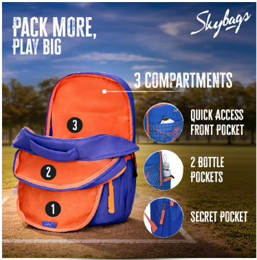 An orange and blue Skybags backpack shown outdoors on a field with text overlays highlighting its three compartments, quick access front pocket, 2 bottle pockets, and secret pocket.