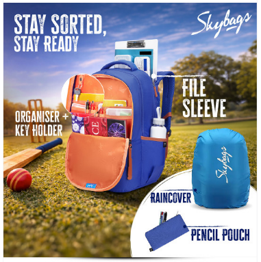 A blue and orange Skybags backpack organizer shown on a grassy field with sports props, alongside a blue raincover and pencil pouch, with text overlays describing features.