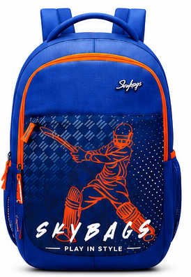 A royal blue backpack with orange accents, featuring a graphic of a cricket player on the front pocket with the text 'SKYBAGS' and 'PLAY IN STYLE'.