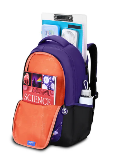 A purple and orange backpack shown on a white background, filled with school supplies including a clipboard, books, and a water bottle in the side pocket.