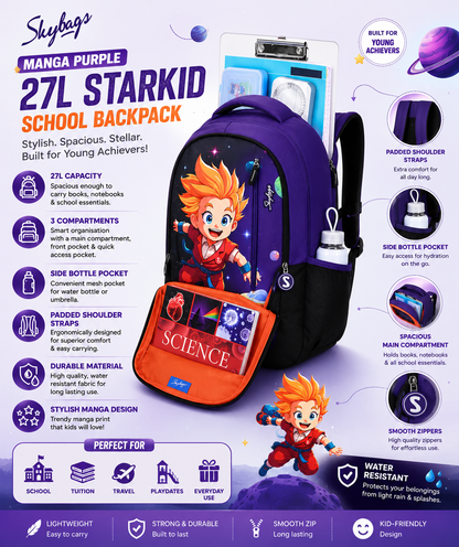 A purple and blue 27L Starkid School Backpack by Skybag, featuring a cartoon manga-style character on the front pocket and a red side bottle pocket, shown on a purple infographic background with feature callouts.