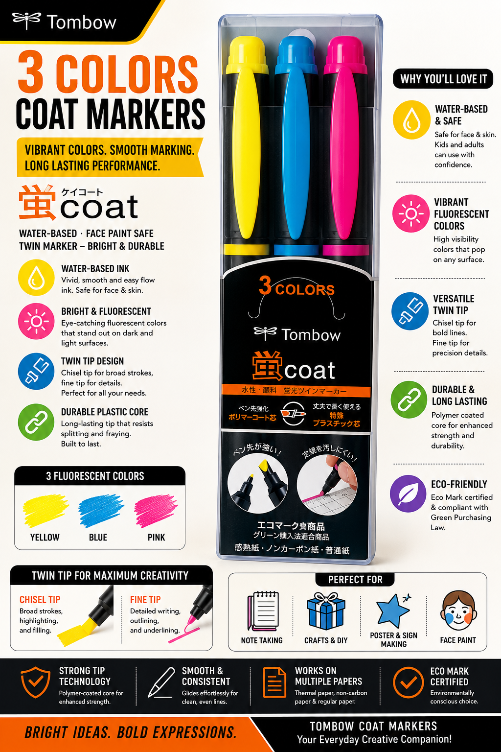A promotional infographic for Tombow 3 Colors Coat Markers, showing three fluorescent markers in yellow, blue, and pink inside a black plastic case. The layout includes multiple colored feature callouts, icons, and text describing the markers' properties and uses.