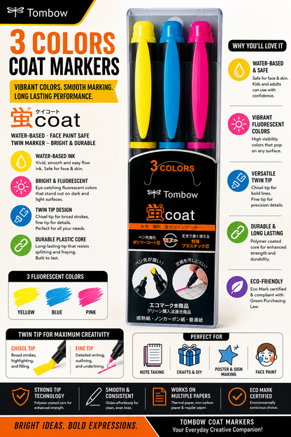 A promotional infographic for Tombow 3 Colors Coat Markers, showing three fluorescent markers in yellow, blue, and pink inside a black plastic case. The layout includes multiple colored feature callouts, icons, and text describing the markers' properties and uses.
