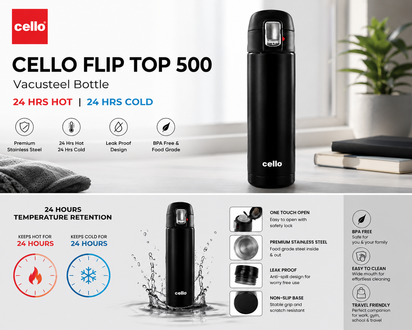 Cello Flip 460ml VacuSteel Thermosteel Water Bottle 24 Hours Hot & Cold