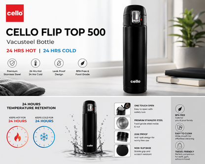 Cello Flip 460ml VacuSteel Thermosteel Water Bottle 24 Hours Hot & Cold