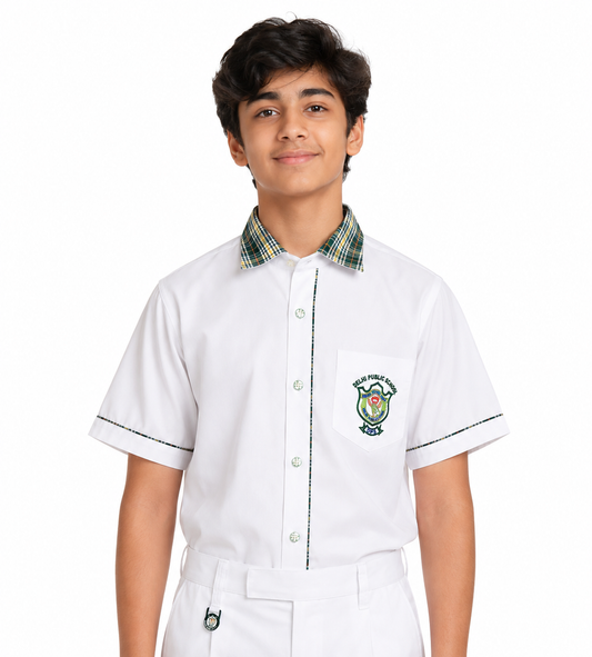 dps uniform check collar white shirt for boys 11th and 12th