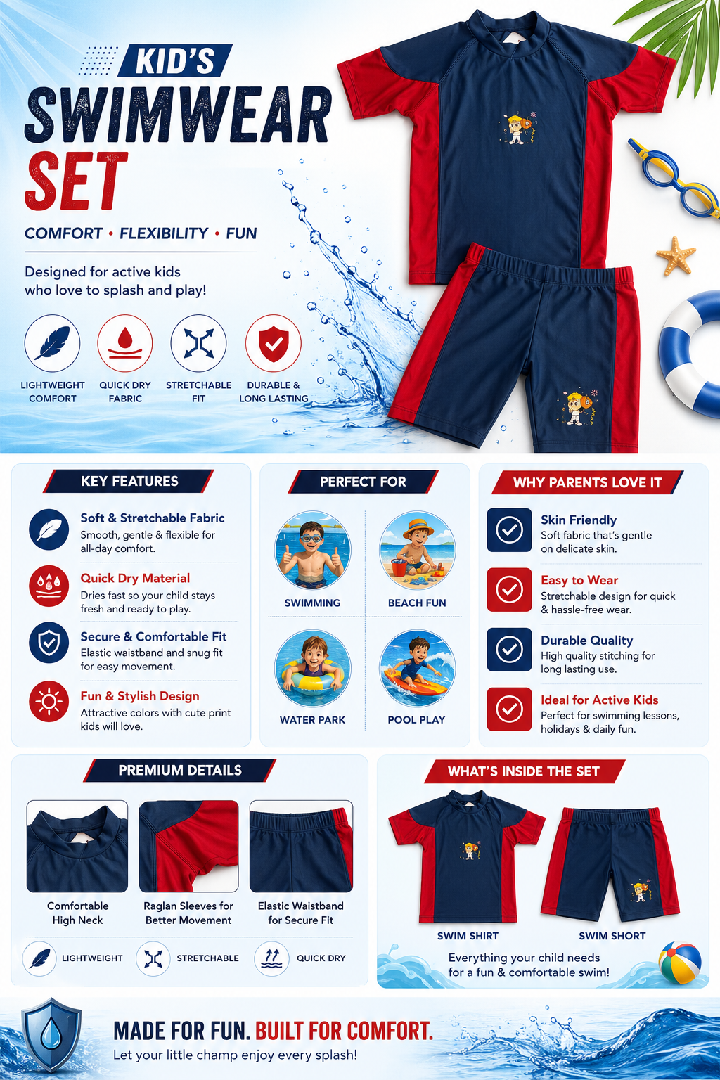 Kids Quick-Dry Swimwear Set | Comfortable Stretch Swim Shirt & Shorts