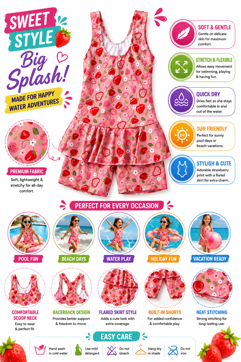 Girls Strawberry Print Swimwear Set with Sleeveless Top and Shorts