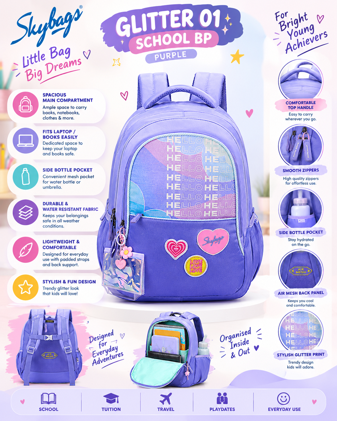 Skybags Glitter 01 Purple School Backpack for Everyday School Use | 37L