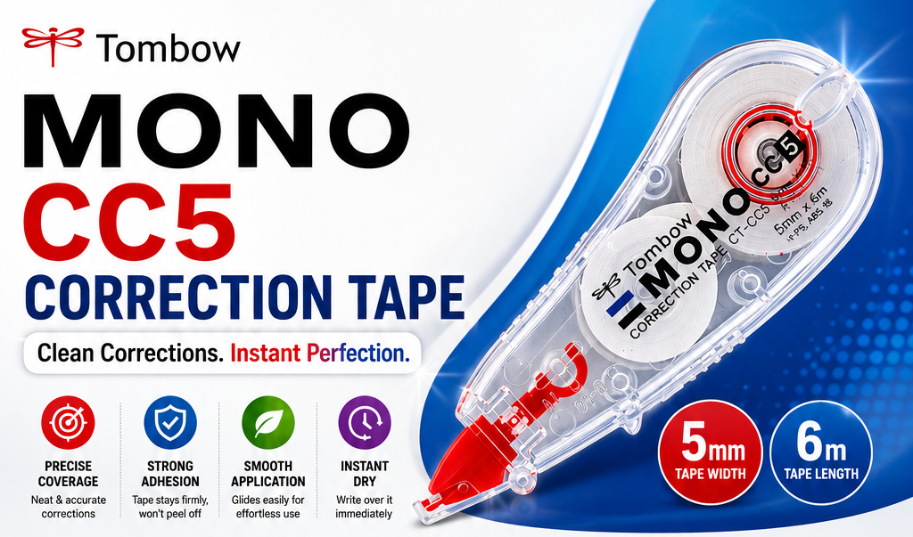 Tombow Mono CC5 correction tape dispenser shown on a blue and white promotional background with product text, feature icons, and tape width/length callouts.