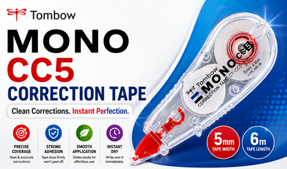 Tombow Mono CC5 correction tape dispenser shown on a blue and white promotional background with product text, feature icons, and tape width/length callouts.